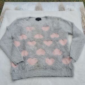 Madison Fluffy Grey and Pink Heart Sweater Size M